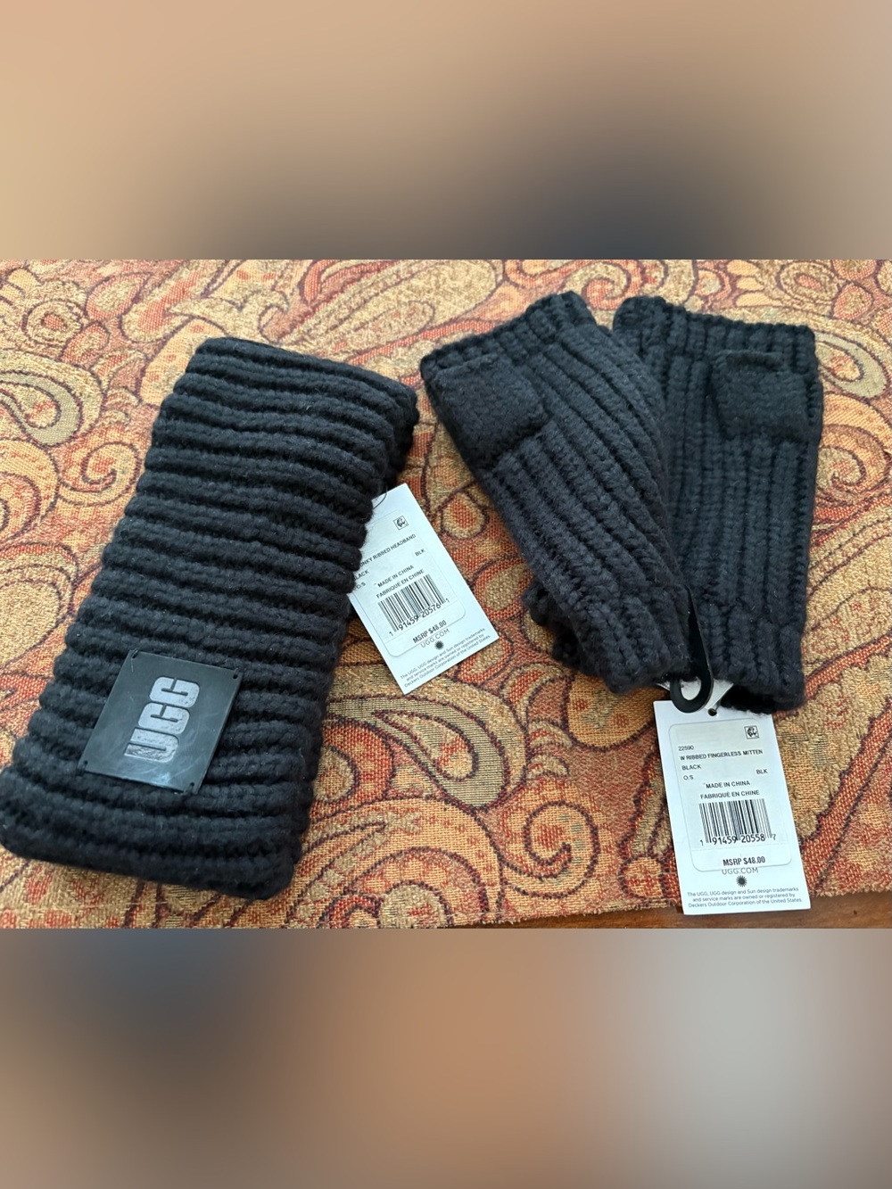 NWT UGG Ronney Ribbed Headband & Fingerless Mittens Black Bundle